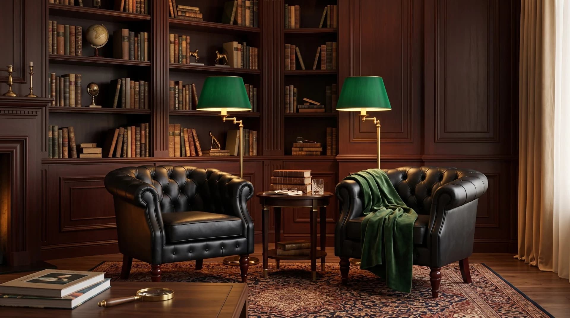 Comfortable black Chesterfield reading chairs with green lamps